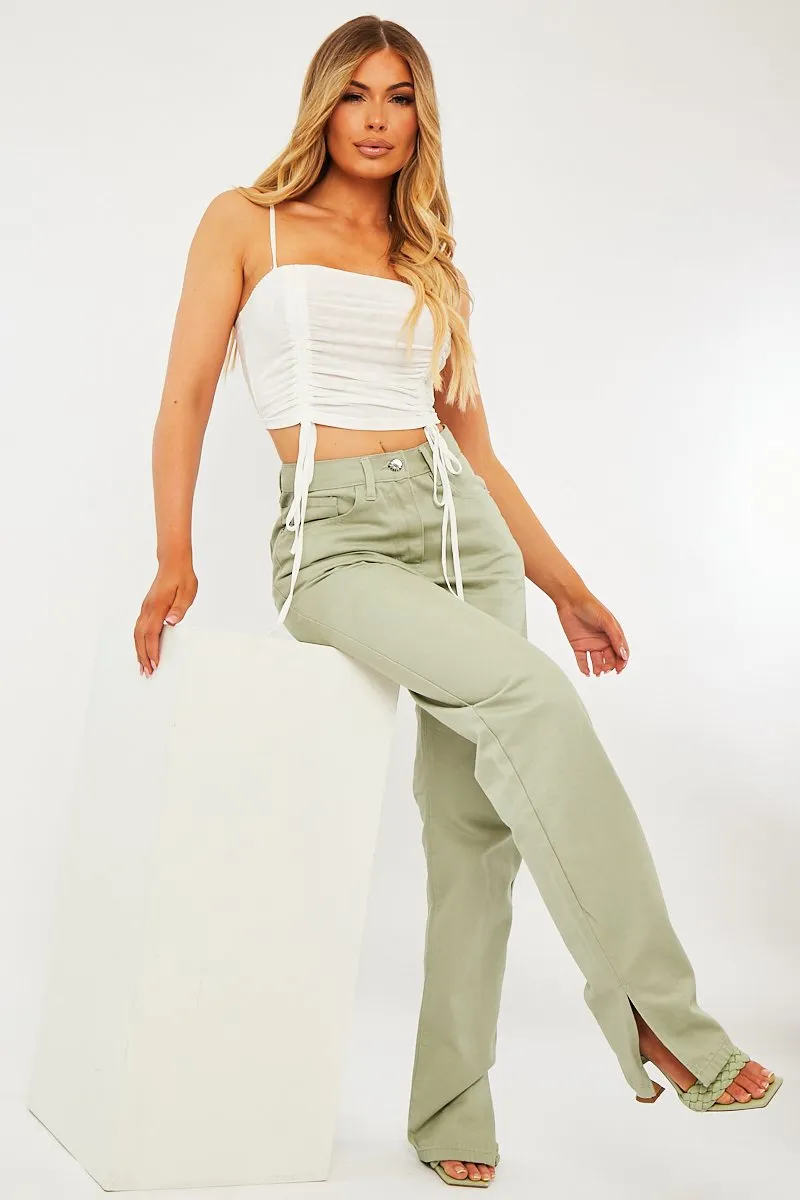 White Mesh Ruched Square Neck Crop Top - Leyna