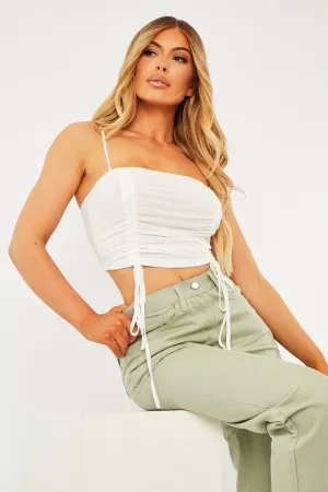White Mesh Ruched Square Neck Crop Top - Leyna