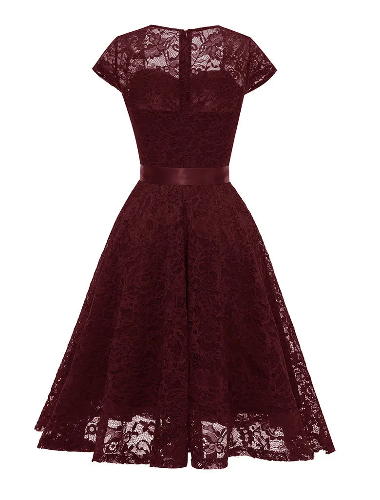 White Semi Sheer Solid Color 50s Party Lace Swing Dress
