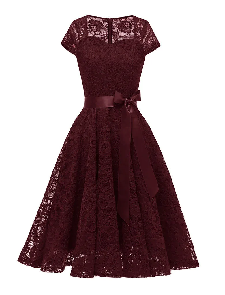 White Semi Sheer Solid Color 50s Party Lace Swing Dress