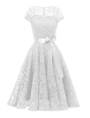 White Semi Sheer Solid Color 50s Party Lace Swing Dress
