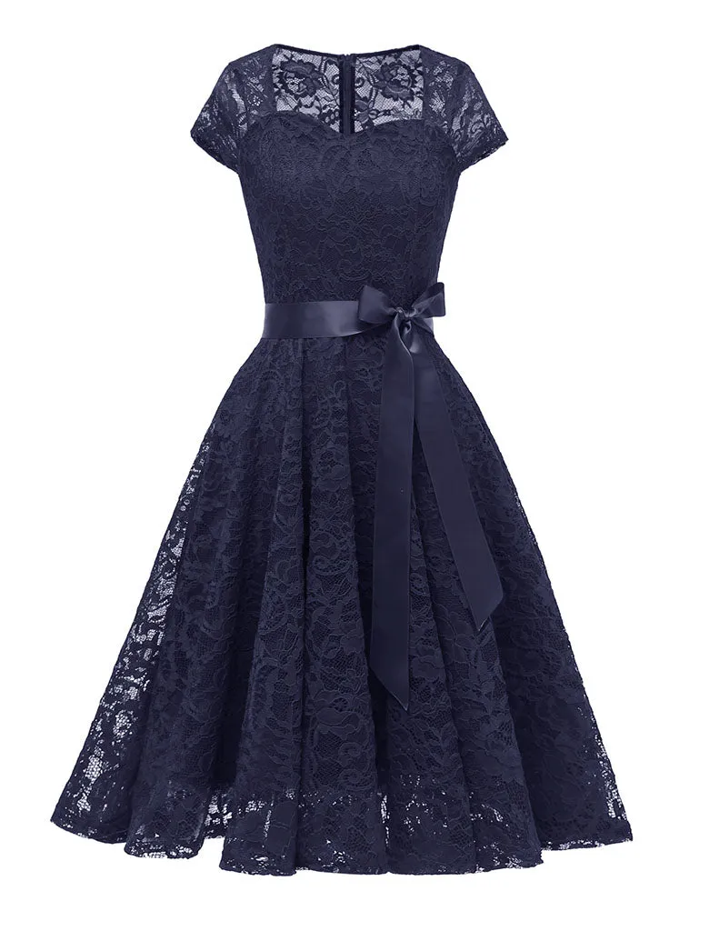 White Semi Sheer Solid Color 50s Party Lace Swing Dress