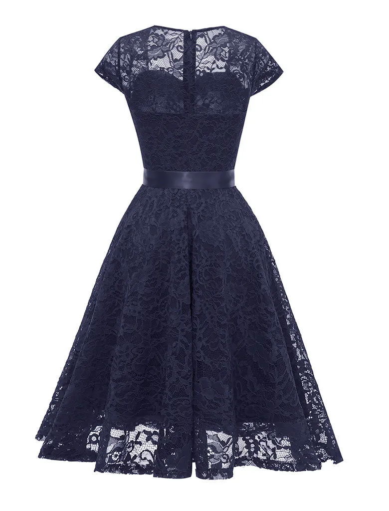 White Semi Sheer Solid Color 50s Party Lace Swing Dress