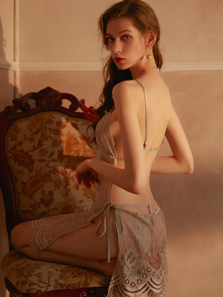 Women Chemise Black Spaghetti Strap Lace Backless Lingerie