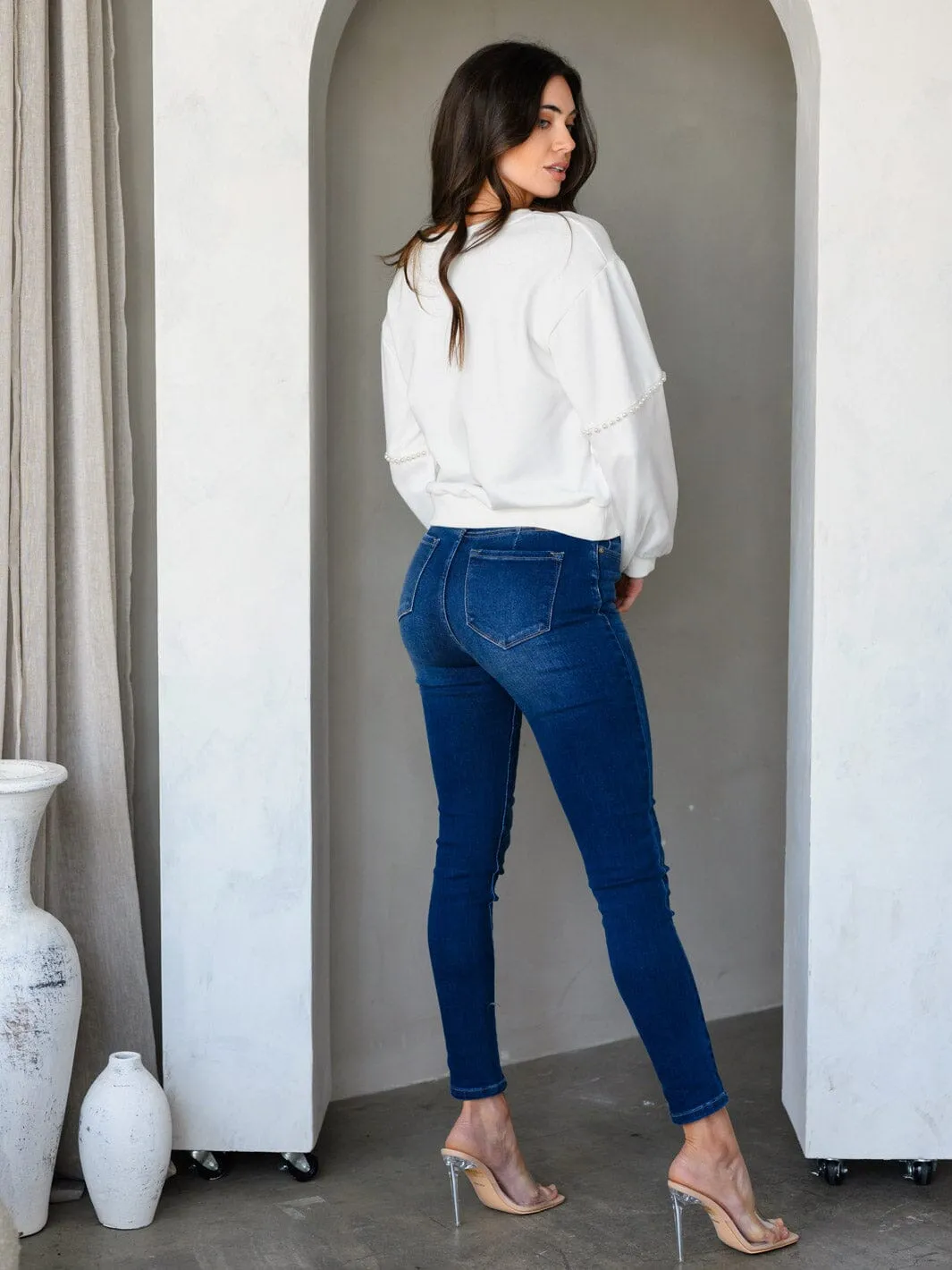 WOMEN'S LONG PEARL DETAILED SLEEVE PULLOVER SWEATER