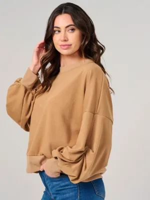 WOMEN'S LONG RUCHED SLEEVE PULLOVER SWEATER